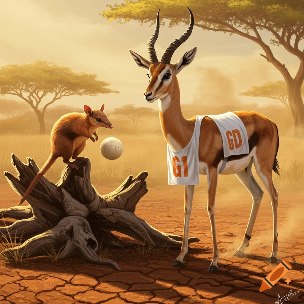 An Australian bandicoot stands on a tree stump, looking at a gazelle wearing a netball bib, in an arid savanna landscape. A volleyball is between them.