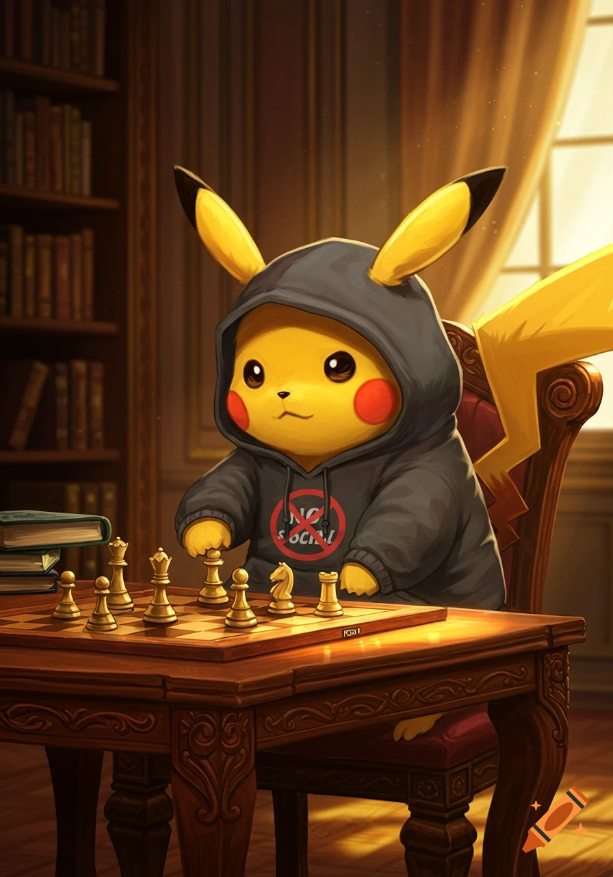 Pikachu wearing a black hoodie with a 'NO SOCIAL' logo plays chess at a wooden table in a dimly lit library.