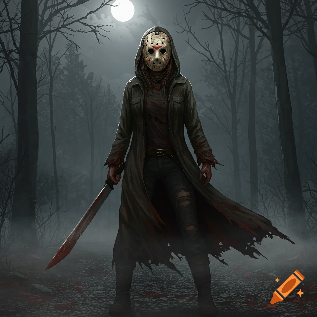 A female horror character in a hockey mask, long coat, and torn pants, holding a bloodied machete in a dark, misty forest under a full moon.