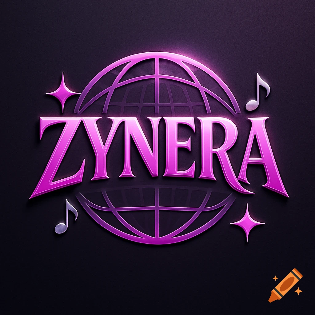 Pink and purple 3D logo for ZYNERA, featuring the word in stylized text with a globe outline, musical notes, and stars on a dark background.