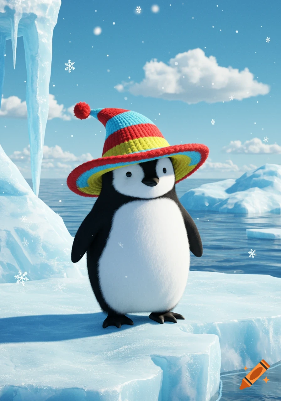A cute cartoon penguin wearing a vibrant striped hat stands on an iceberg in a bright arctic scene with falling snowflakes.