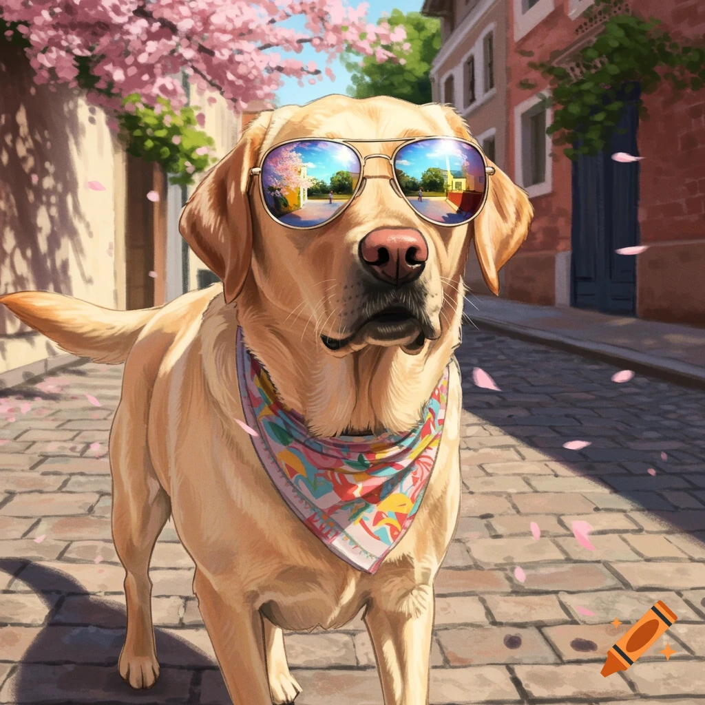 A golden Labrador wearing aviator sunglasses and a colorful bandana walks on a cobblestone street with pink cherry blossoms falling.