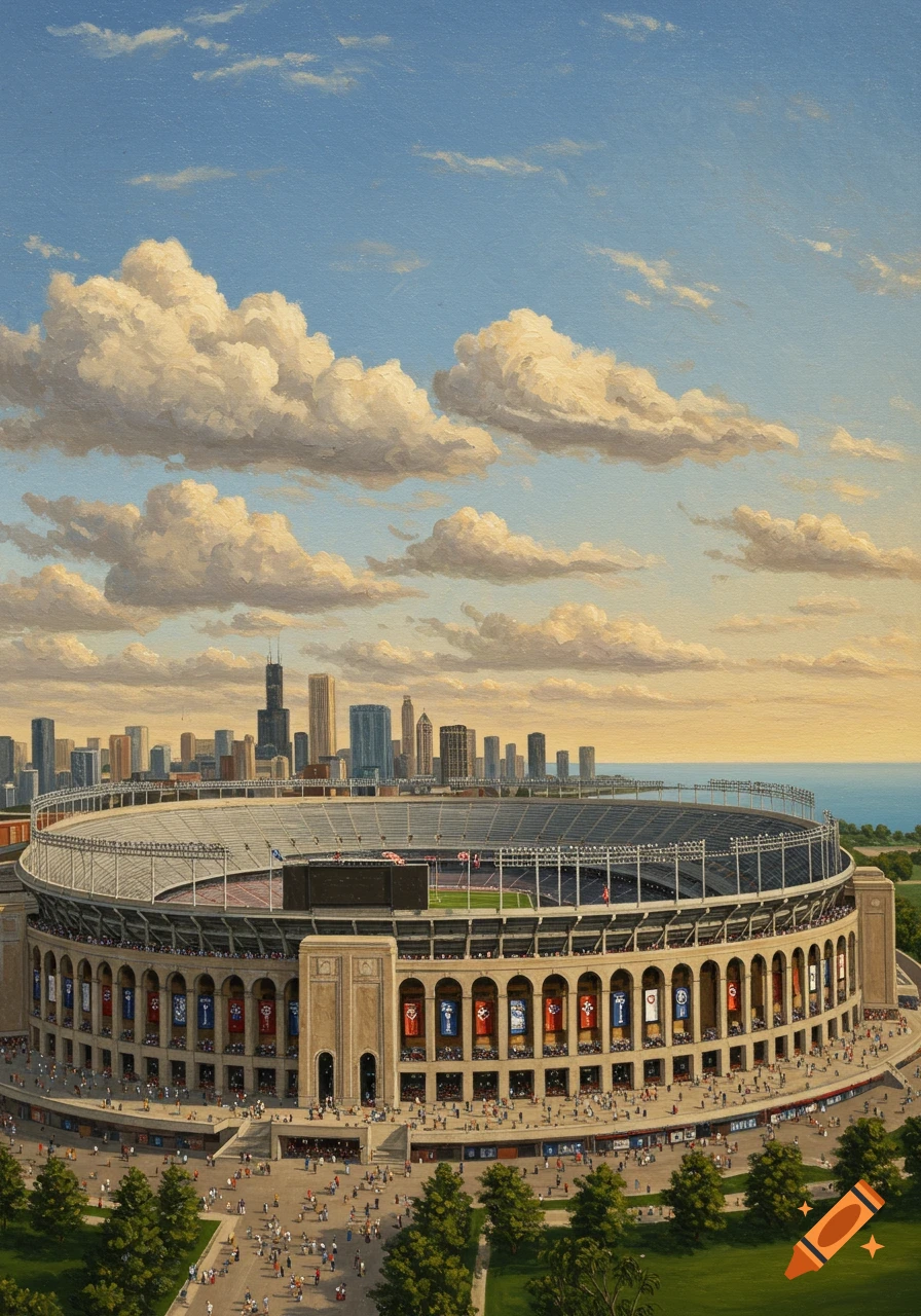 An oil painting of Soldier Field stadium in Chicago with the city skyline and Lake Michigan in the background under a cloudy sky.