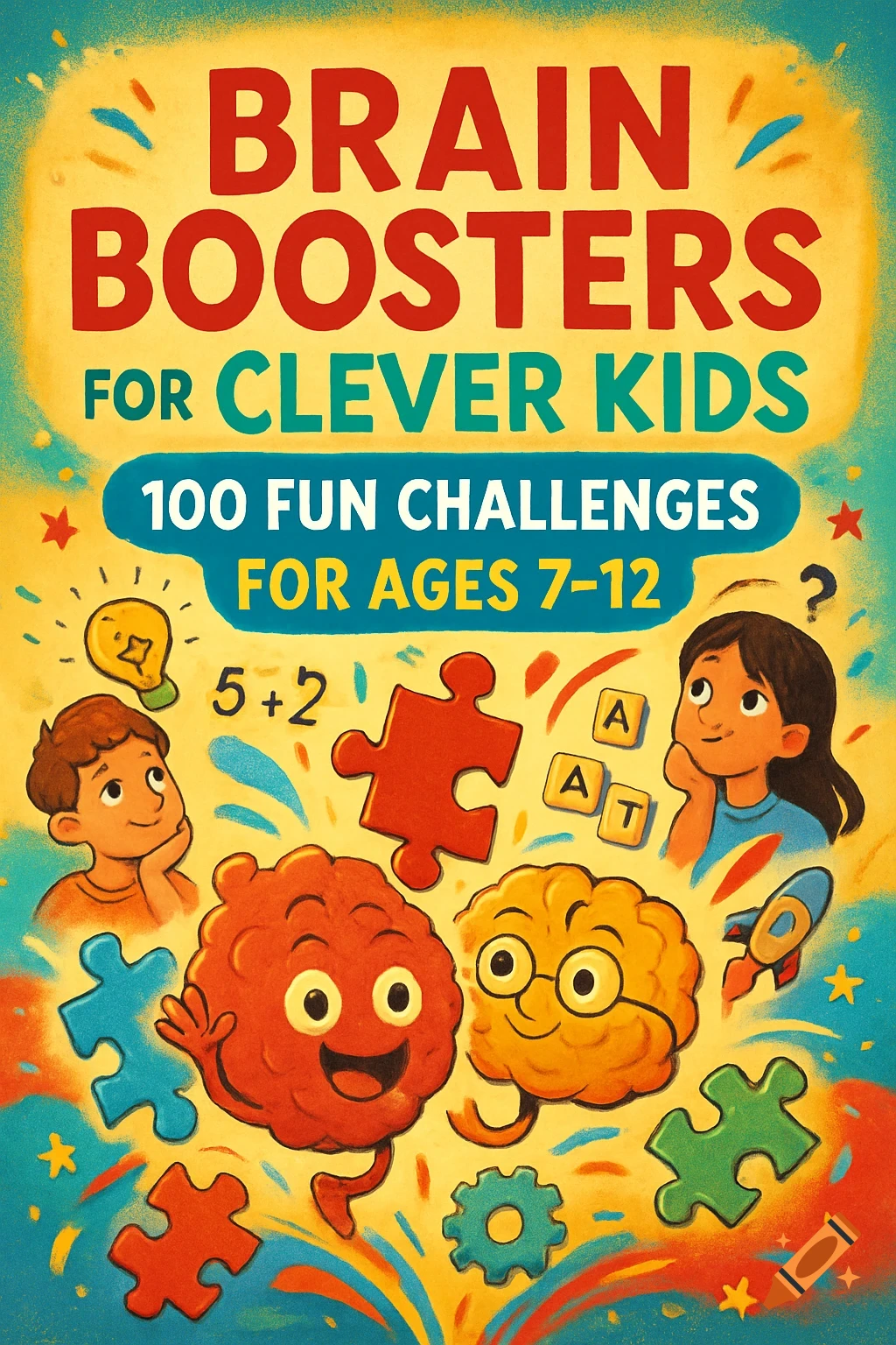 A colorful cartoon book cover titled 'Brain Boosters for Clever Kids' featuring two children, smiling cartoon brains, puzzle pieces, and a lightbulb on a vibrant yellow and blue background.