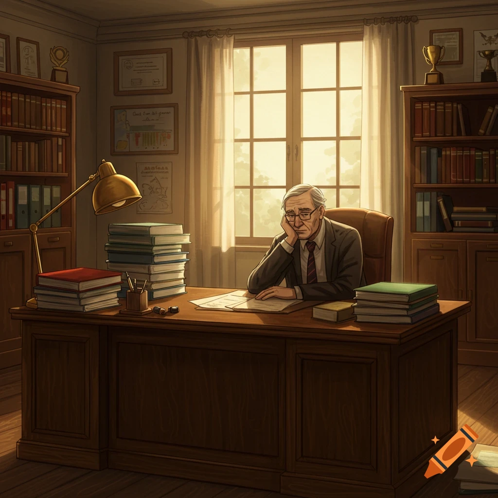 An elderly man, appearing tired, sits at a large wooden desk in a sunlit office, surrounded by stacks of books and bookshelves.