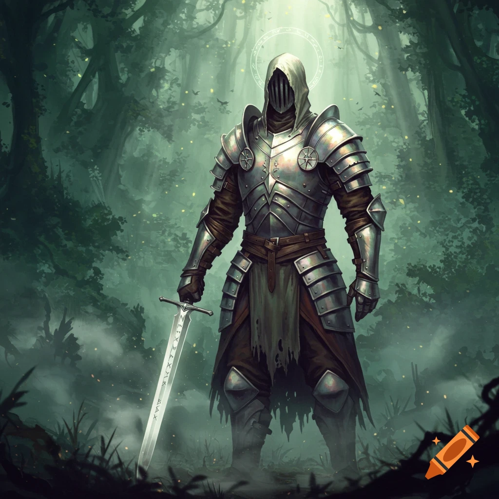 A heavily armored knight stands in a mystical, misty forest, holding a glowing sword. Light rays filter through the trees.