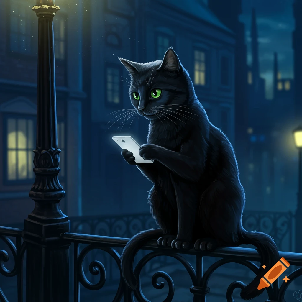 A black cat with green eyes sits on a railing at night, looking at a glowing smartphone. A street lamp and city buildings are visible in the background.