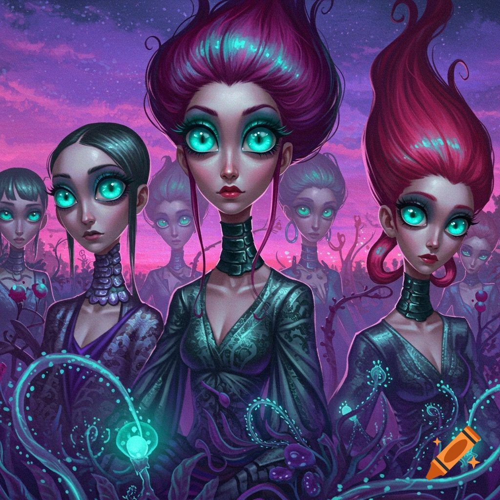 A group of stylized women with exaggerated features, including large turquoise eyes and tall, colorful hair, stand in a vibrant purple landscape.