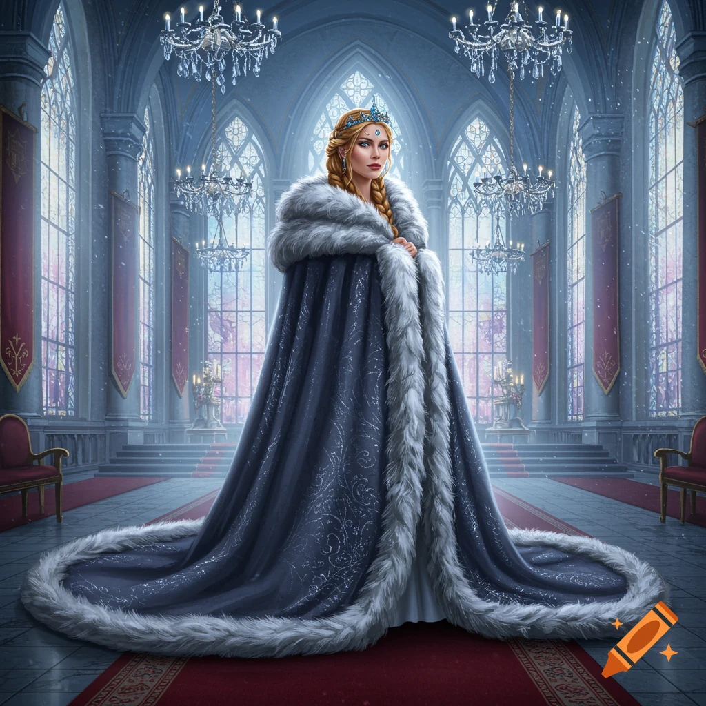 A regal princess wearing a large blue fur cloak and crown stands in a grand palace hall with snowy windows and chandeliers.