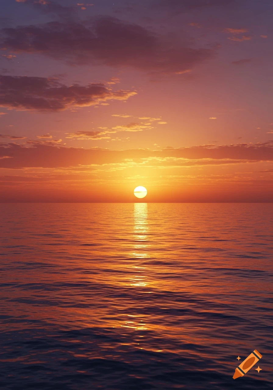 A vibrant orange and purple sunset over a calm ocean, with the sun reflecting on the water.