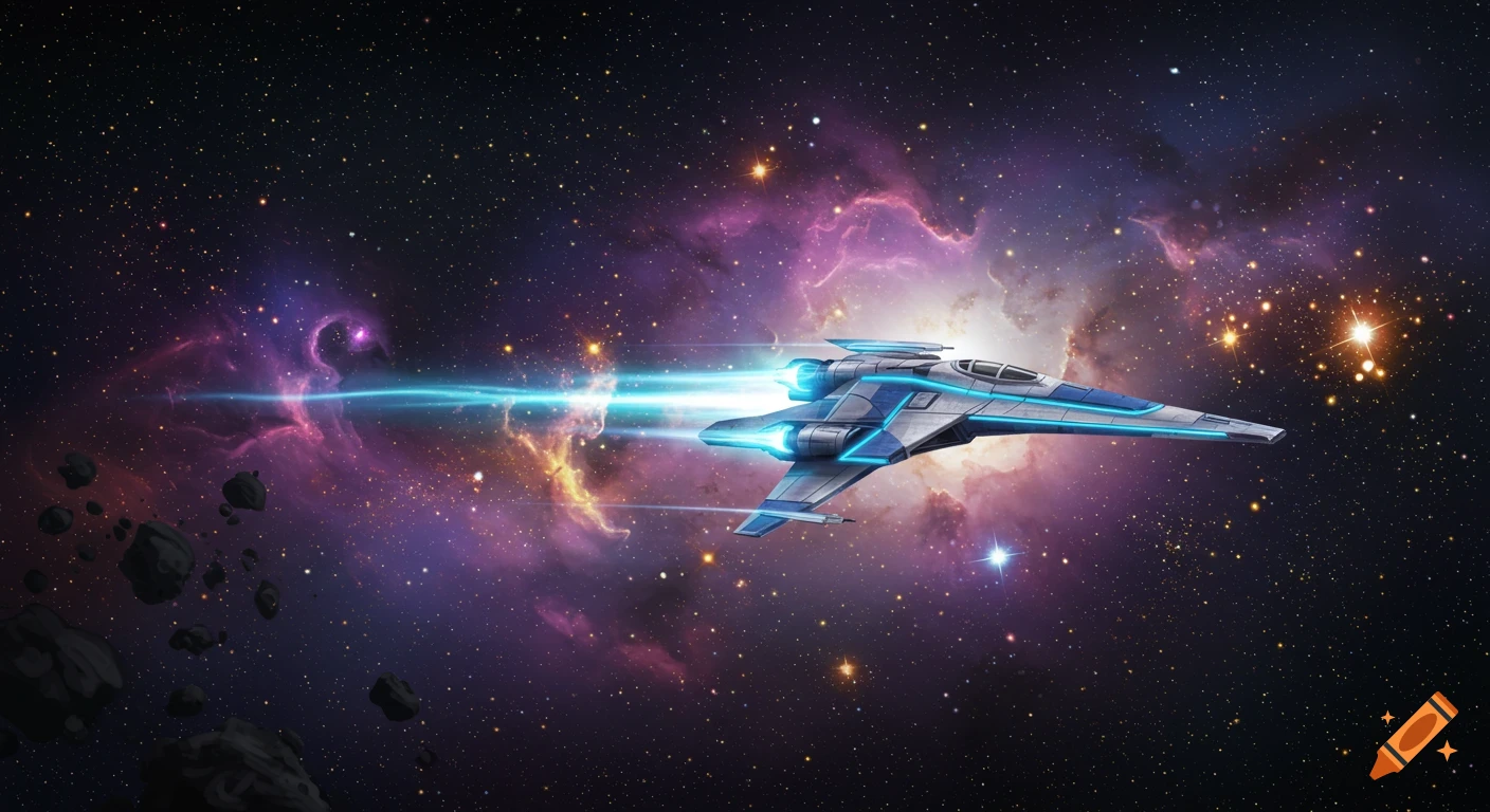 A sleek blue and silver starfighter with glowing engines streaks through a vibrant purple and orange nebula in space, with scattered asteroids.