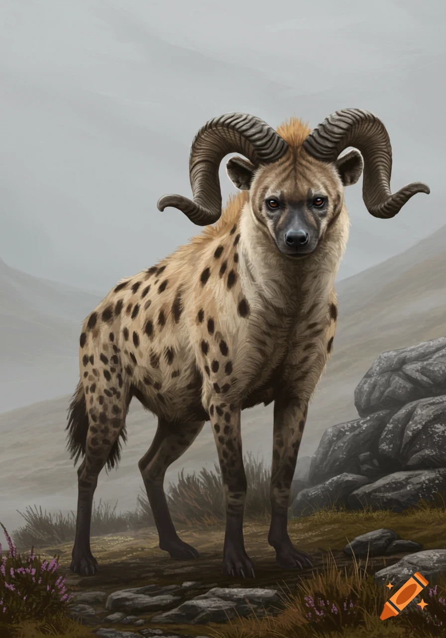 A spotted hyena-sheep hybrid with large ram horns stands on a rocky, misty hillside.