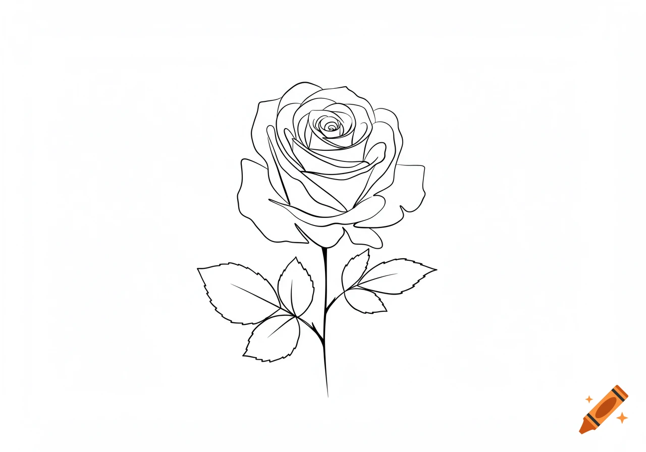 A minimalist black and white line art drawing of a single rose with a stem and leaves.