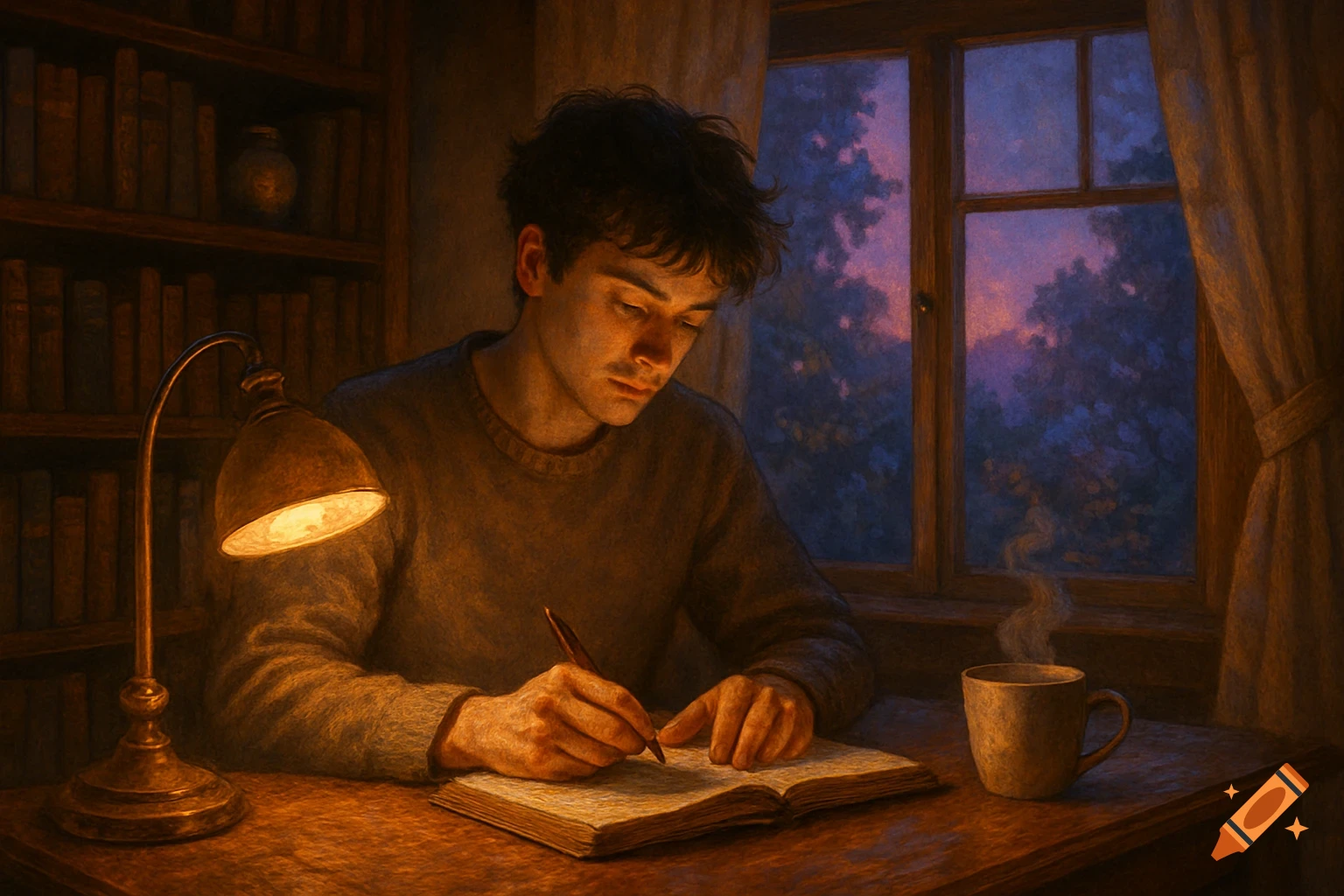 A young man with dark hair writes in an open book at a wooden desk by the light of a table lamp. A steaming mug sits nearby. A window behind him shows a twilight sky with trees. Painterly style.