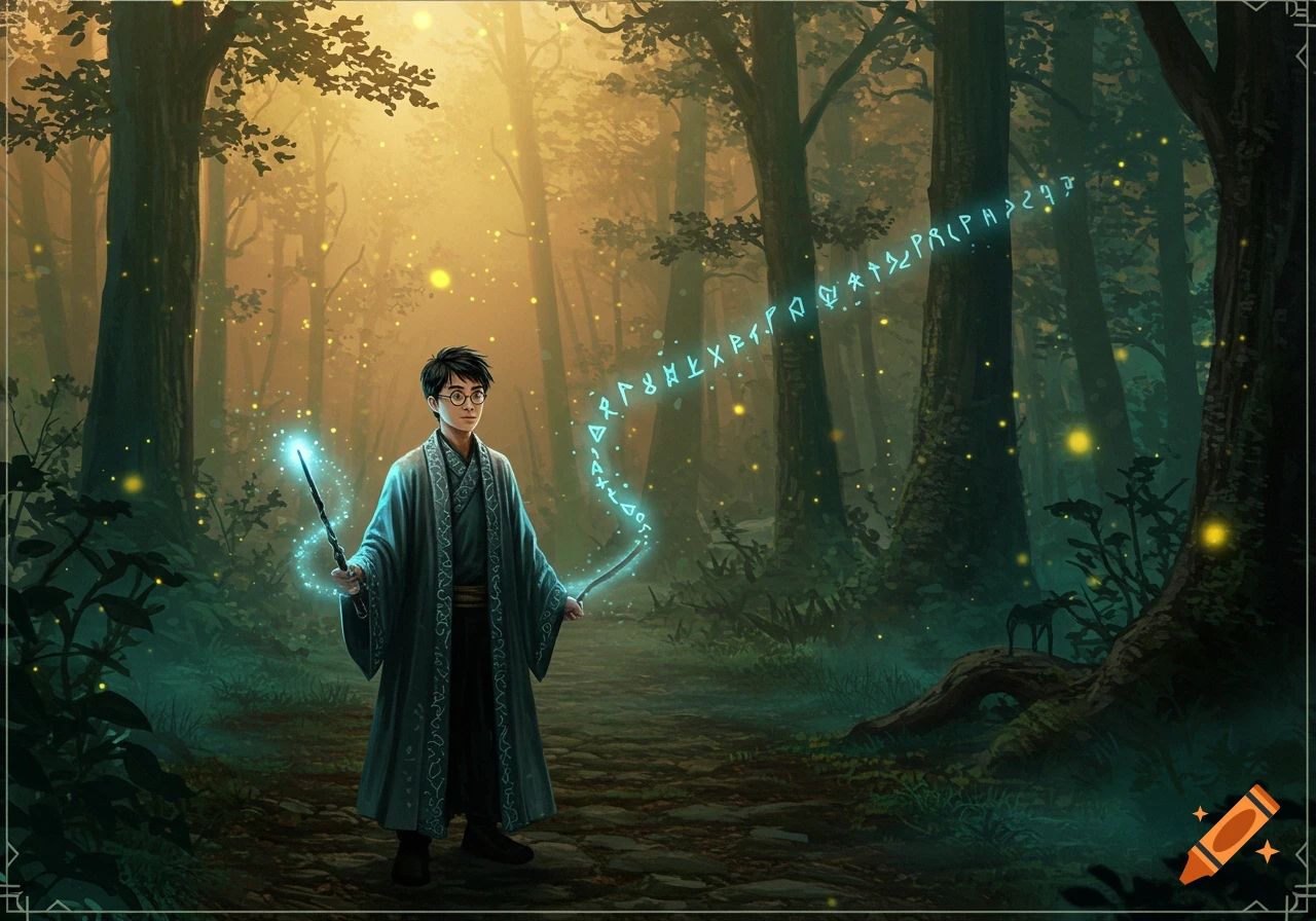 An Asian-looking Harry Potter in a magical forest, holding a glowing wand that emits blue runes and light. Fireflies glow around him.
