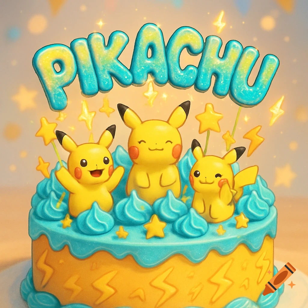 A colorful birthday cake featuring a "PIKACHU" sign on top and three cute Pikachu figures among blue frosting and yellow lightning bolts.