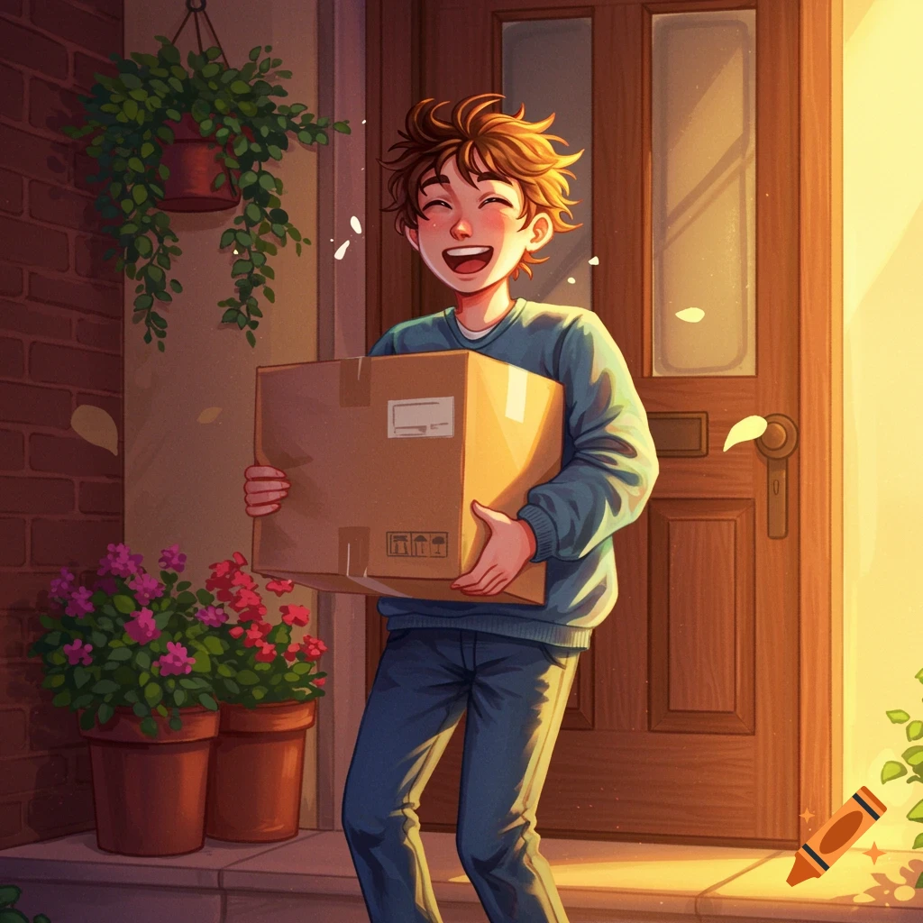 An illustrated young person with curly hair smiles brightly while holding a large cardboard package at a front door during sunset.