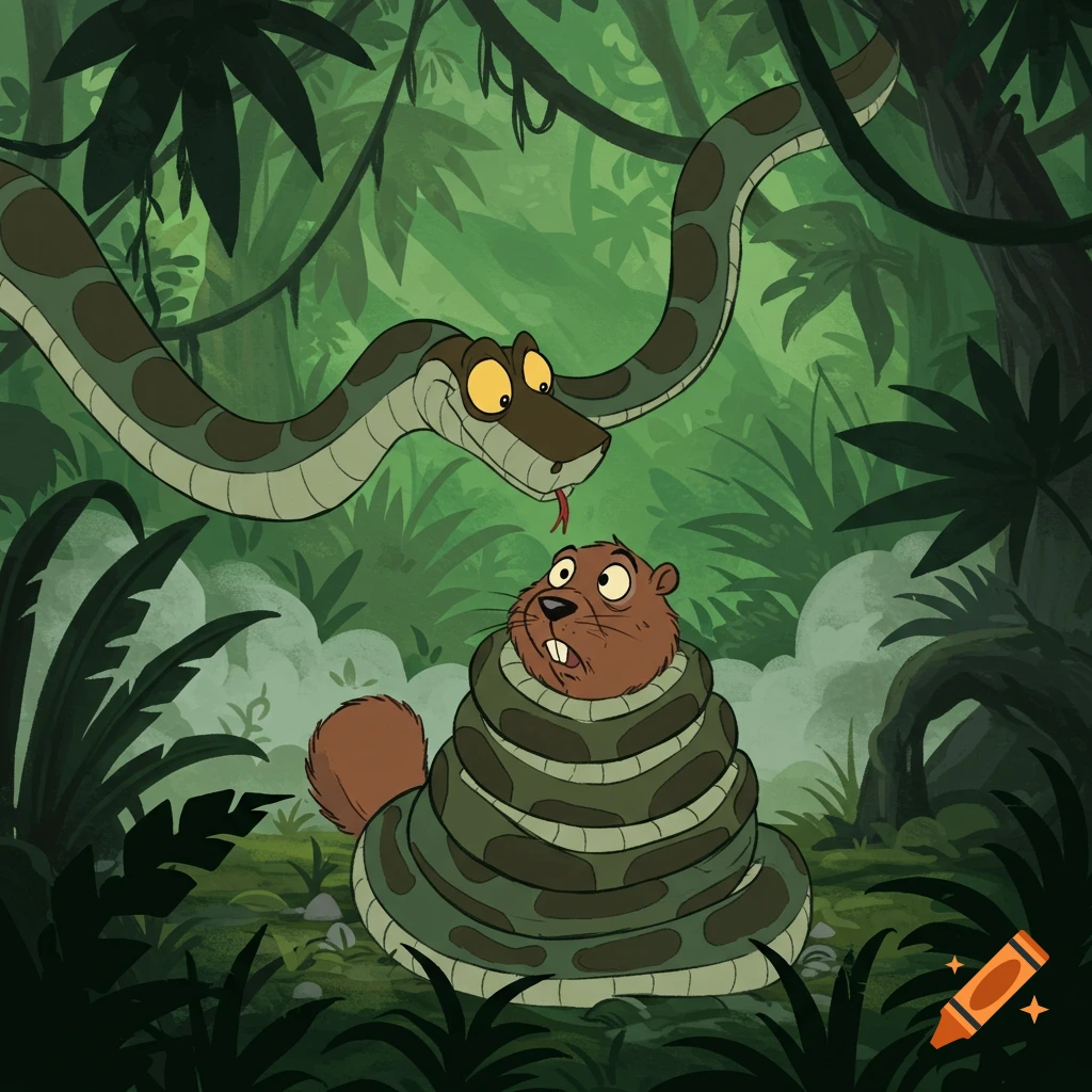 A cartoon snake coils around a groundhog in a lush jungle.