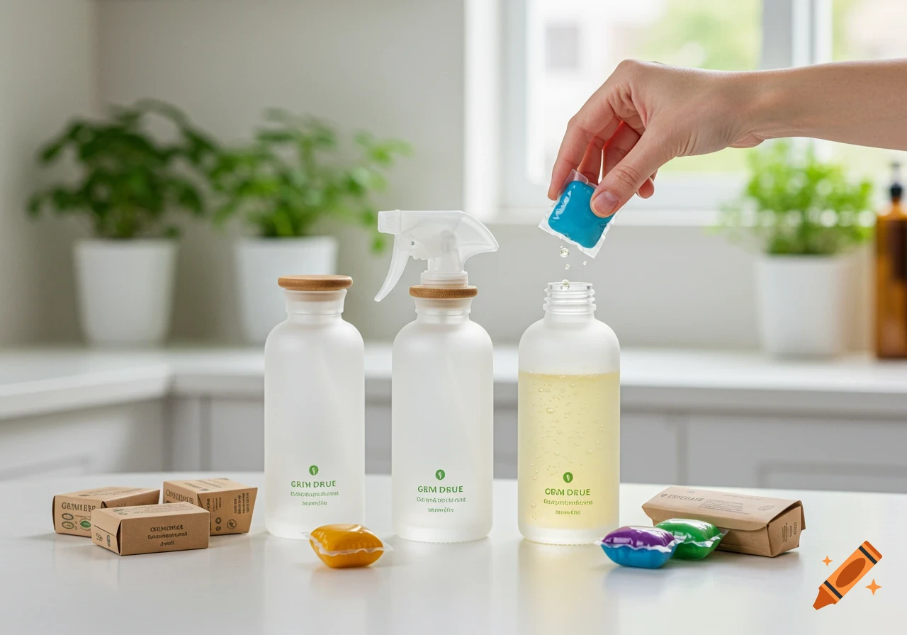 A hand drops a blue cleaning pod into a frosted glass bottle with liquid, part of an eco-friendly cleaning kit on a minimalist kitchen counter with plants.