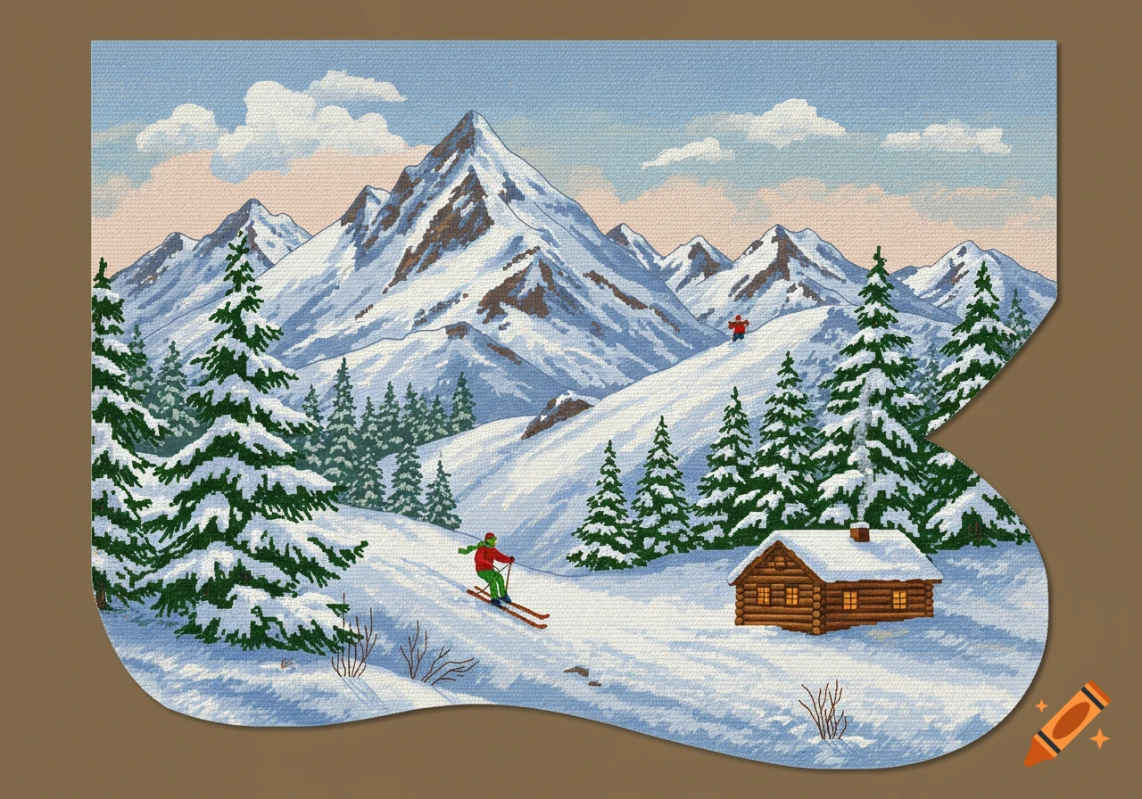 A colorful winter mountain landscape in a cross-stitch style, shaped like a Christmas stocking, featuring a skier, evergreen trees, and a cozy log cabin.