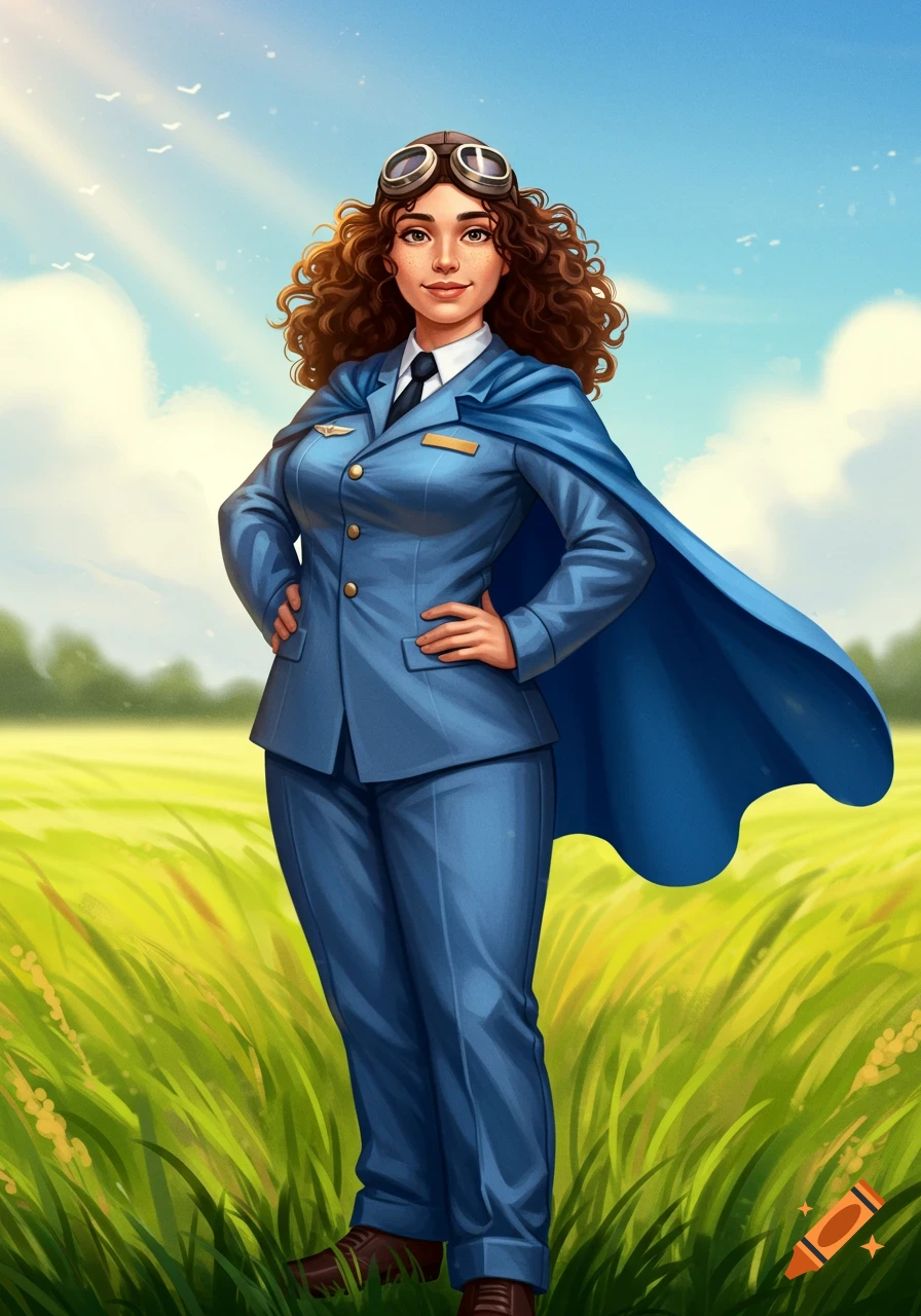 A confident woman with curly hair in a blue pilot uniform, cape, and goggles stands in a sunny green field.