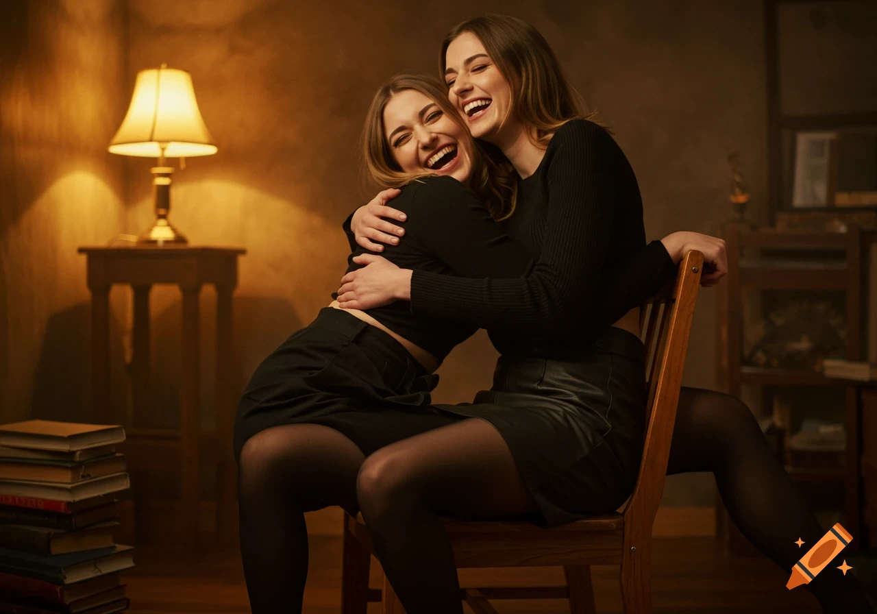Two women best friends hugging and laughing while sitting on a chair in a warmly lit room with a lamp and books.
