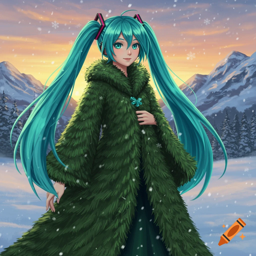 Anime character Hatsune Miku in a green fir coat stands in a snowy mountain landscape at sunset with falling snowflakes.