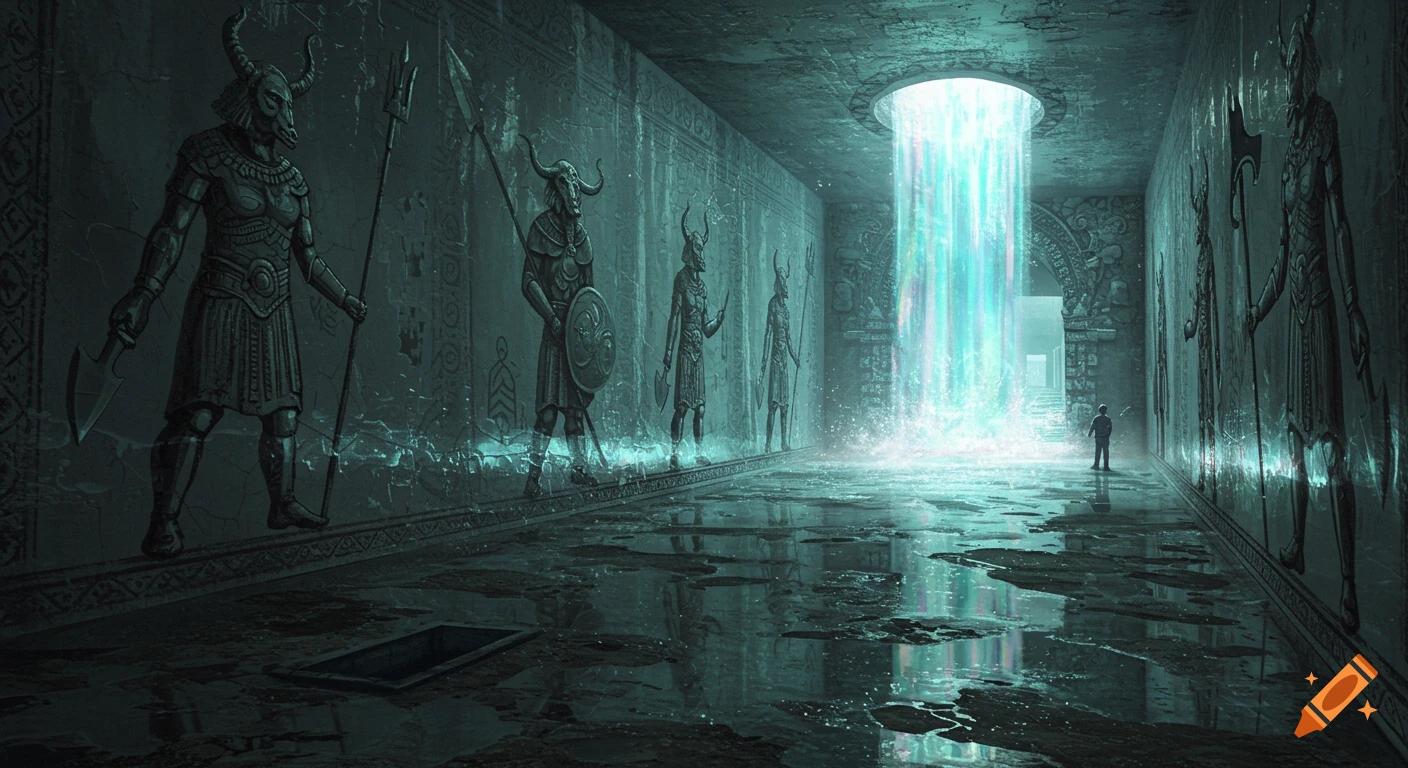 A long, dark hall with ancient statues of animal-headed humanoids, water puddles on the floor, and a glowing blue portal with a small person.