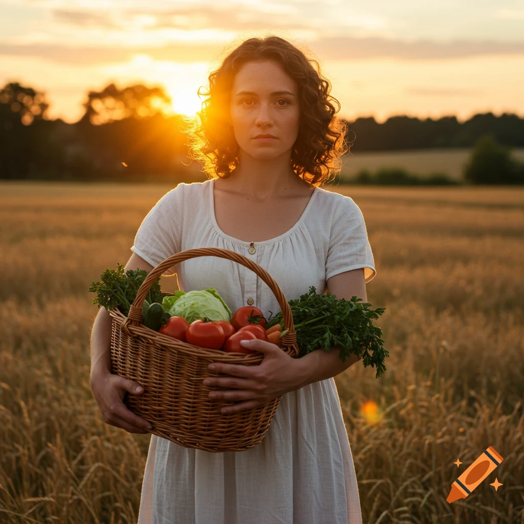 A woman with curly hair holds a basket of fresh vegetables in a sunlit field at sunset, photorealistic.