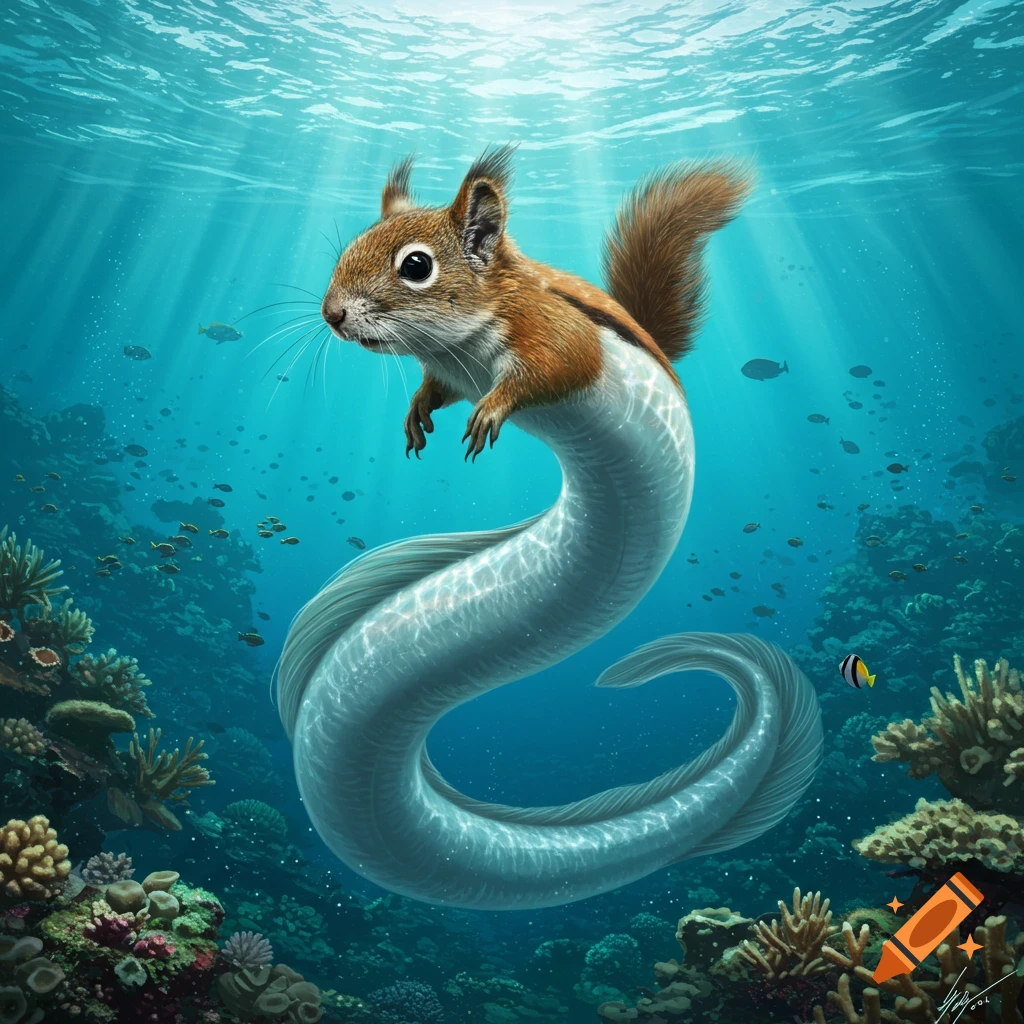 A photorealistic squirrel-eel hybrid creature swims through a vibrant coral reef, with sunbeams piercing the water.