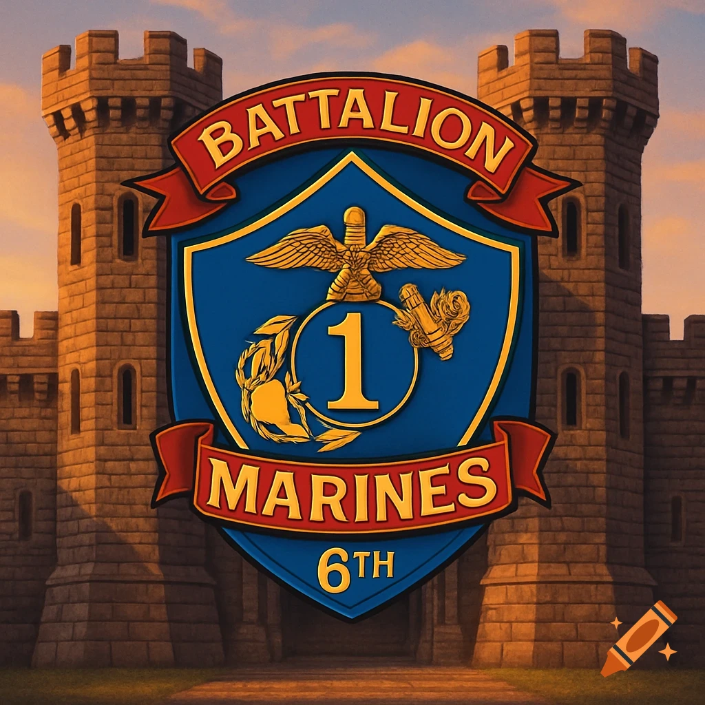 A detailed military emblem for the 1st Battalion 6th Marines, featuring text and a shield with golden symbols, in front of a castle.