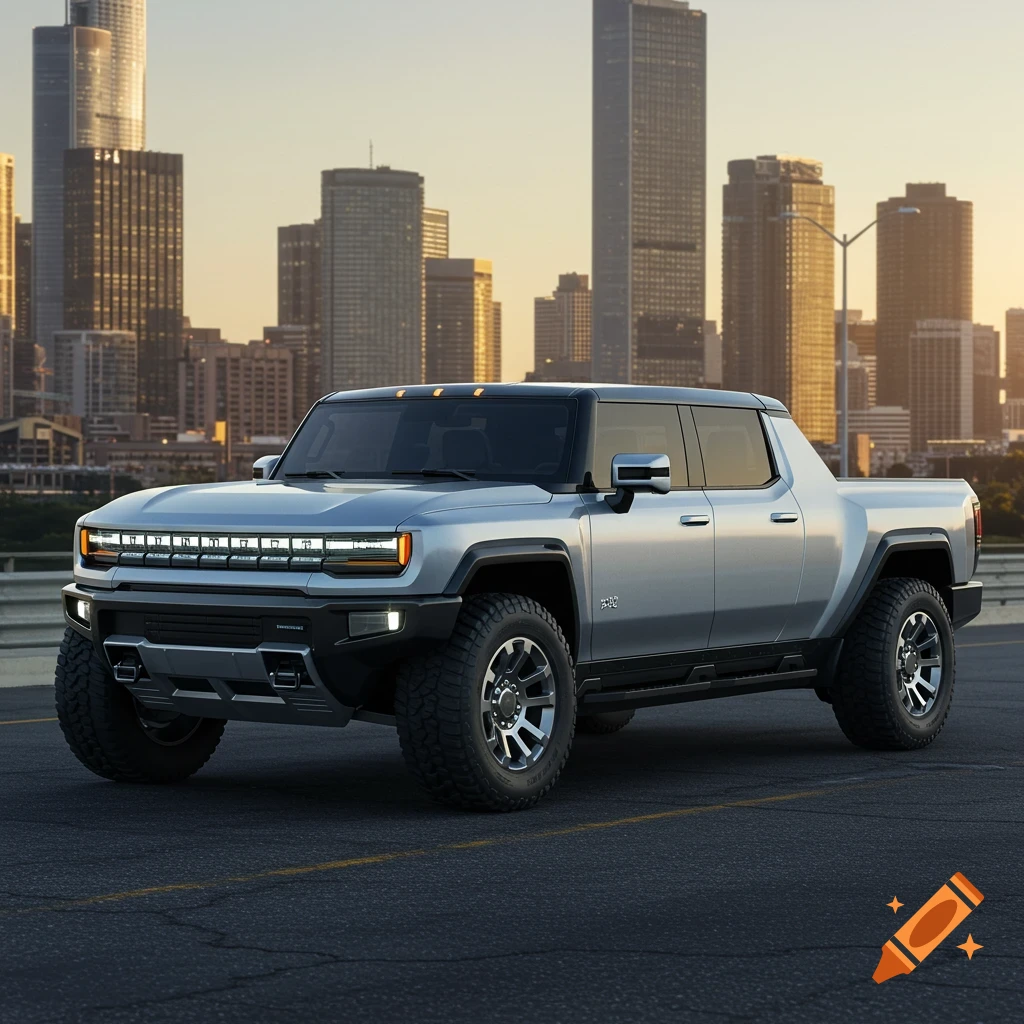 A photorealistic image of a silver GMC Hummer EV truck parked on asphalt, with a city skyline at sunset in the background.