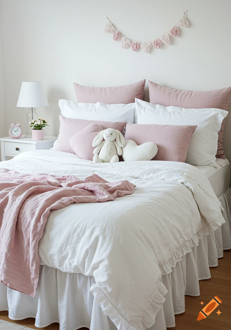 A soft and cozy bedroom features a double bed with a white ruffled bedskirt, white quilt, pink and white pillows, and a white bunny plush toy.