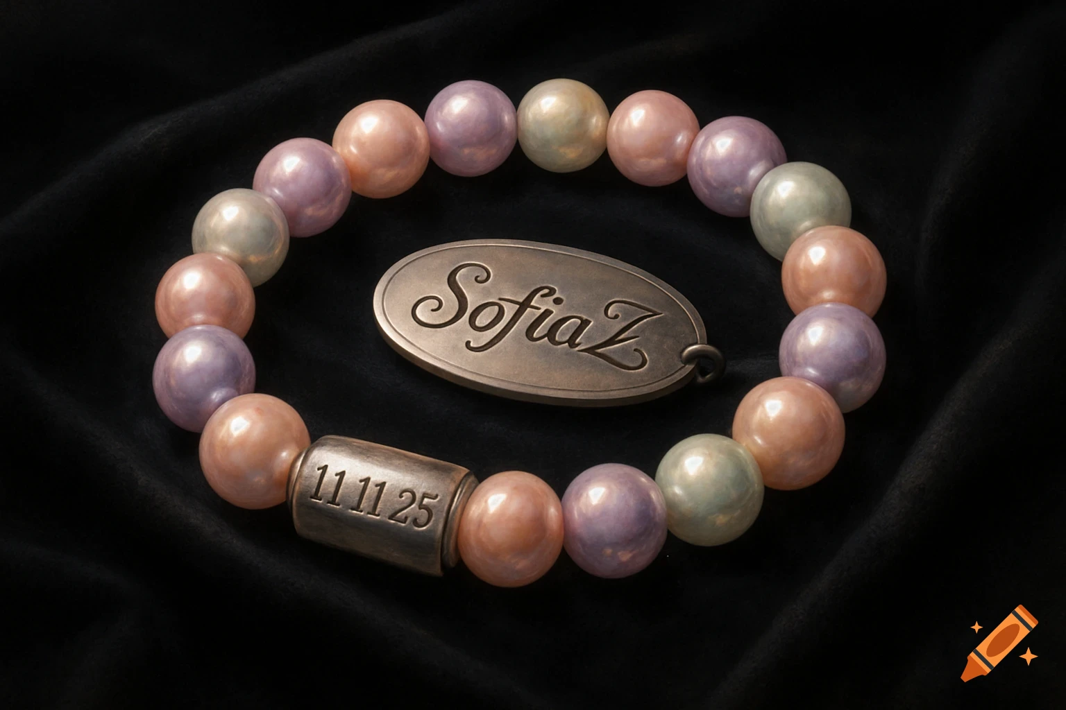A close-up shot of a pearl bracelet with a metallic charm reading 'SofiaZ' and a metallic bead engraved with '11 11 25'. The pearls are pastel pink, purple, peach, and green, set against a dark, soft background.