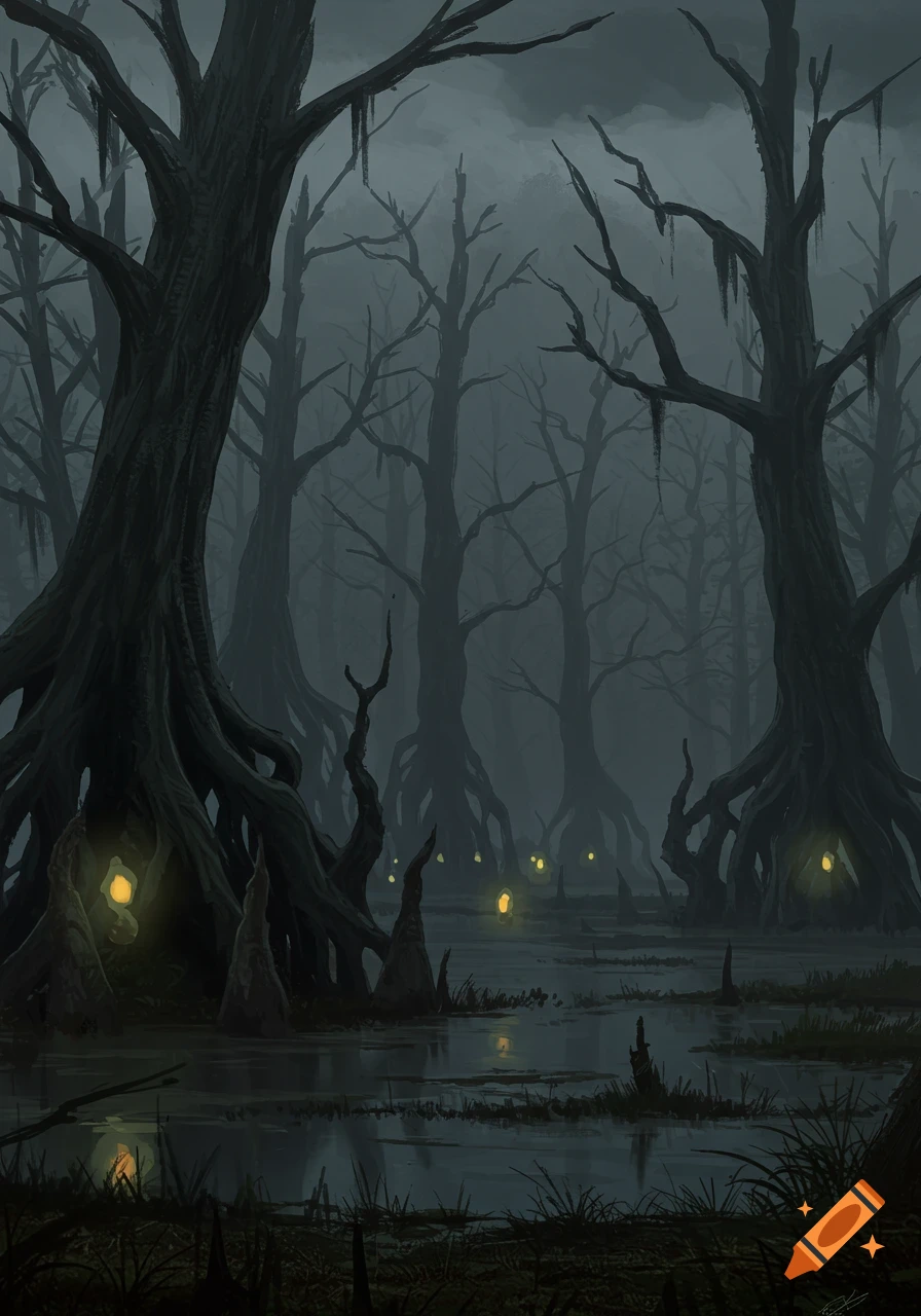 A dark, eerie swamp with gnarled trees, murky water, mist, and glowing yellow lights, in a digital painting style.