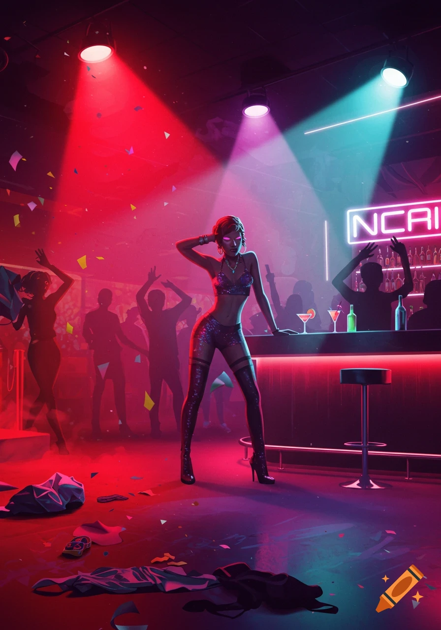 A woman in a sparkly outfit dancing in a neon-lit club with a bar and silhouetted figures in the background. Digital art.