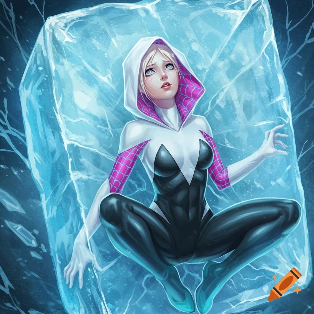Spider-Gwen in her white, black, and pink suit, without her mask, frozen inside a large block of ice, looking up in a comic art style.