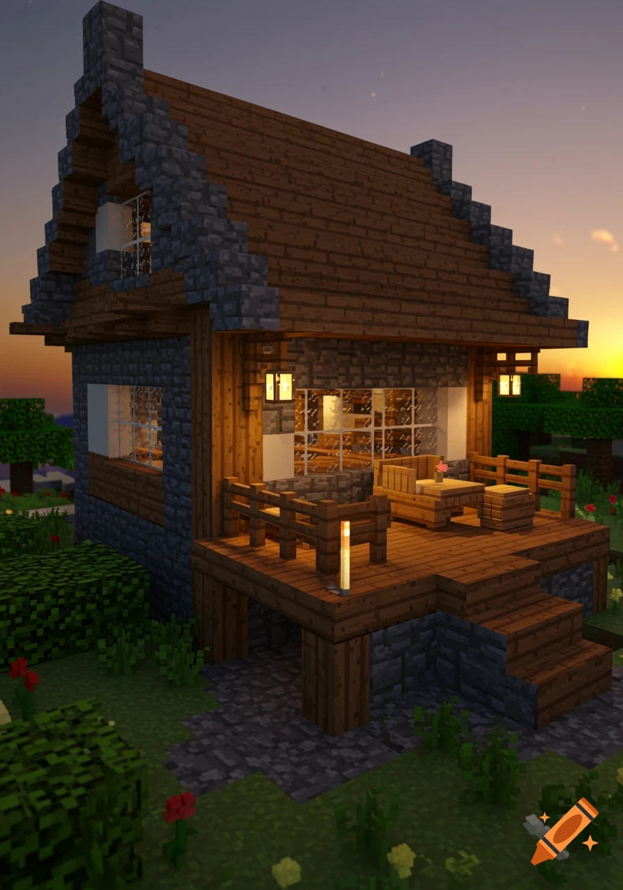 A blocky, pixelated Minecraft-style house with a wooden deck and steps, illuminated by lanterns under a sunset sky.