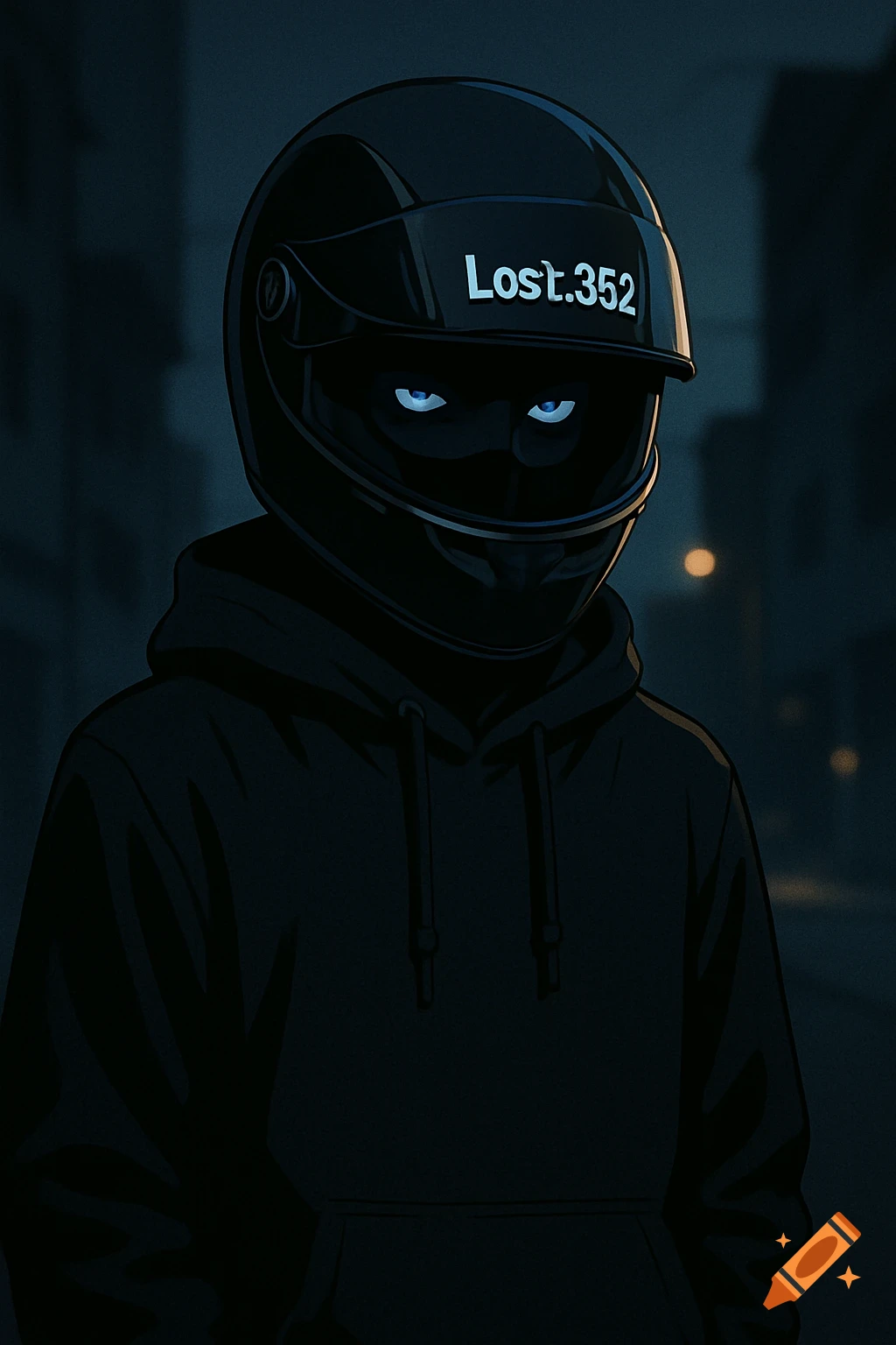 Digital illustration of a mysterious character in a black helmet with 'Lost.352' text, blue eyes, and a black hoodie in a dark urban setting.