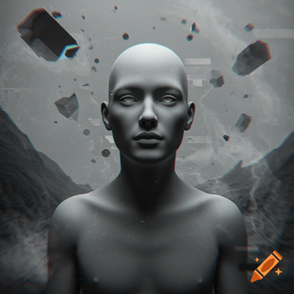 A stylized, bald, androgynous figure with vacant eyes stands against a dark, mountainous background with floating geometric shapes and digital glitches.