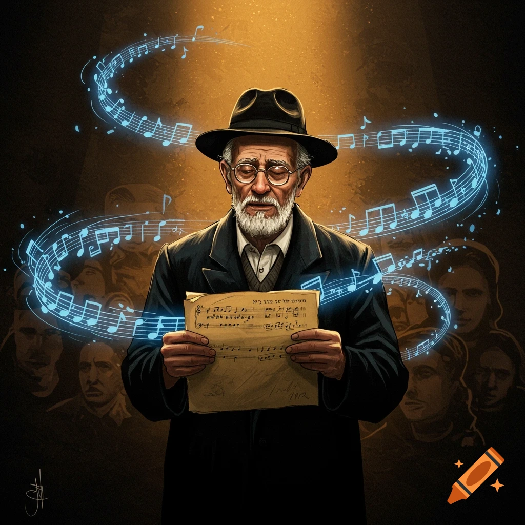 An old man with a beard and glasses holds sheet music with glowing blue musical notes swirling around him, stylized faces in the background.