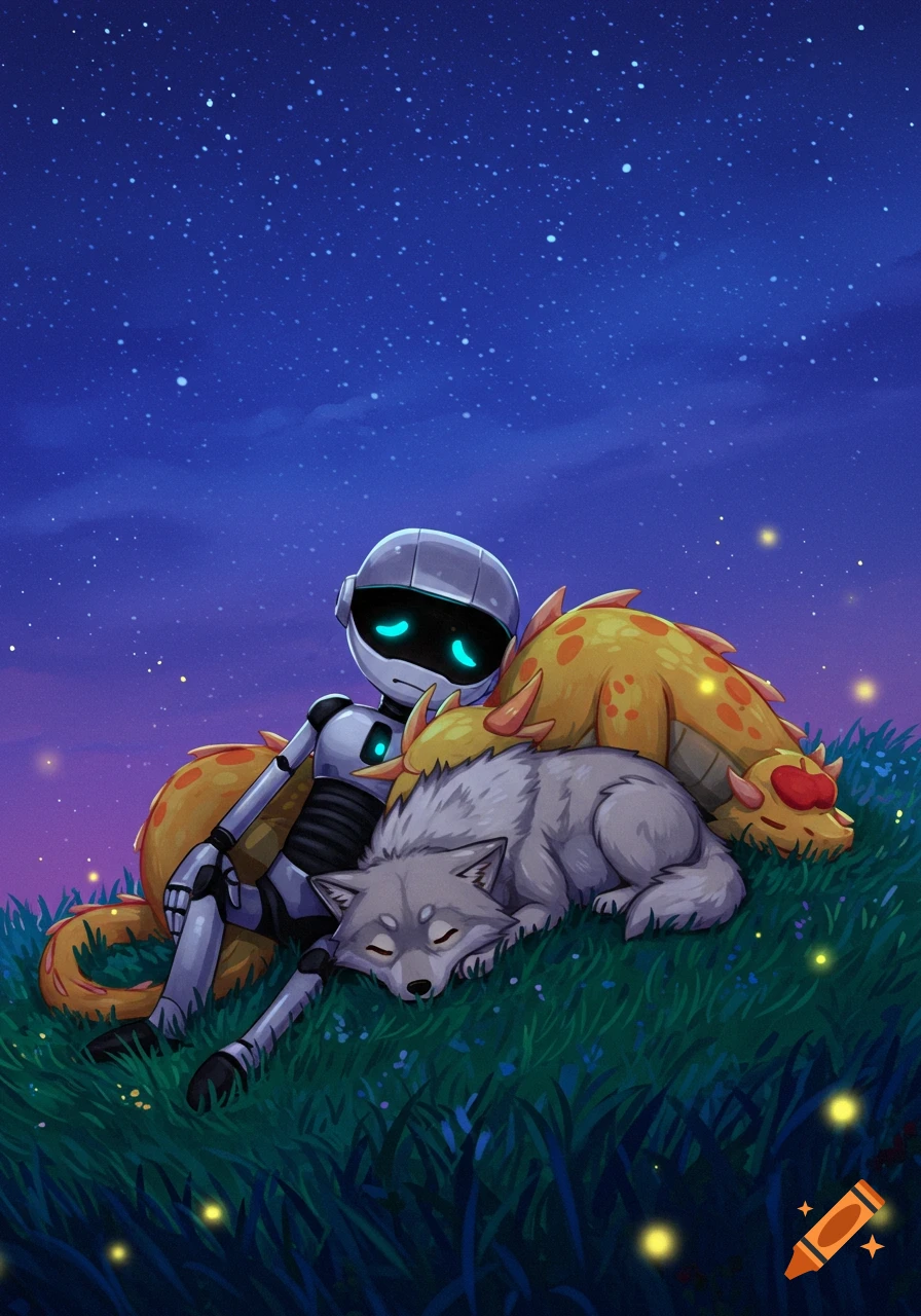 A stylized illustration of a robot, a wolf, and a dragon resting together on a grassy hill under a starry night sky with fireflies.