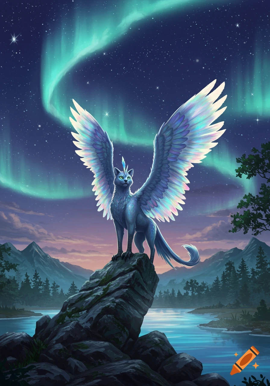 A blue winged cat-like creature with glowing eyes perched on a rock, under a starry night sky with vibrant aurora borealis over mountains and a lake.