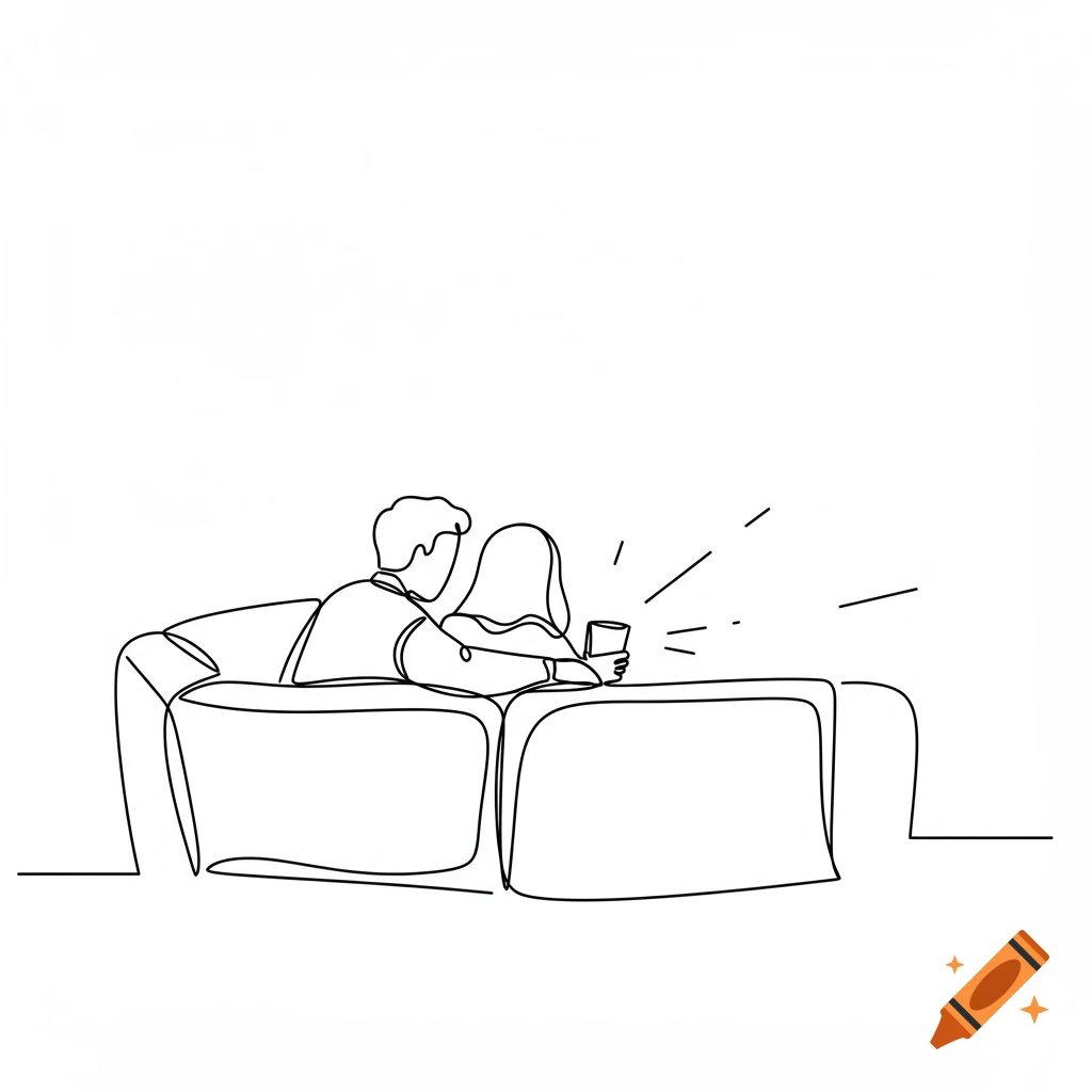 A continuous line drawing of two people sitting on a couch, seen from behind, watching TV.
