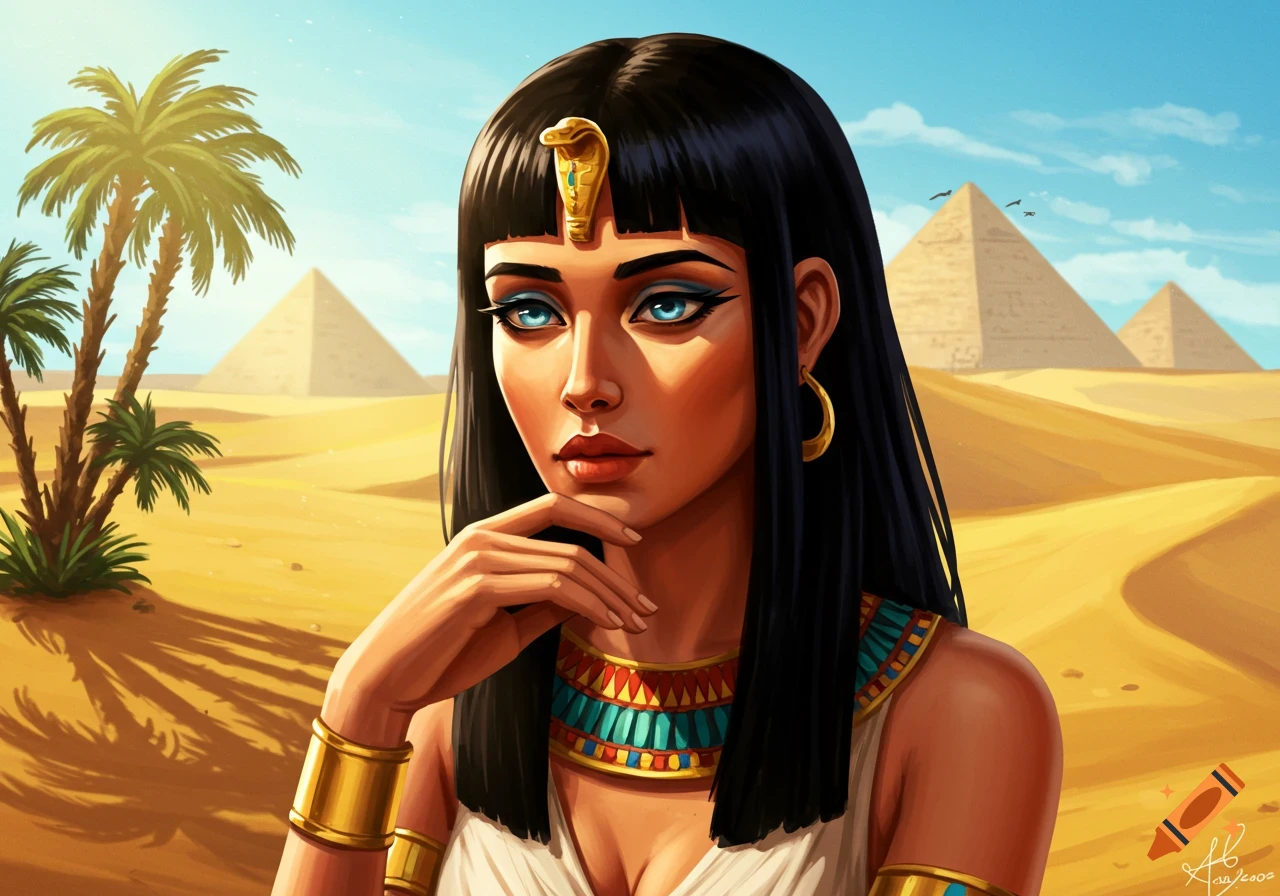 Illustrated portrait of an Egyptian woman with black hair and blue eyes in a desert with pyramids and palm trees.