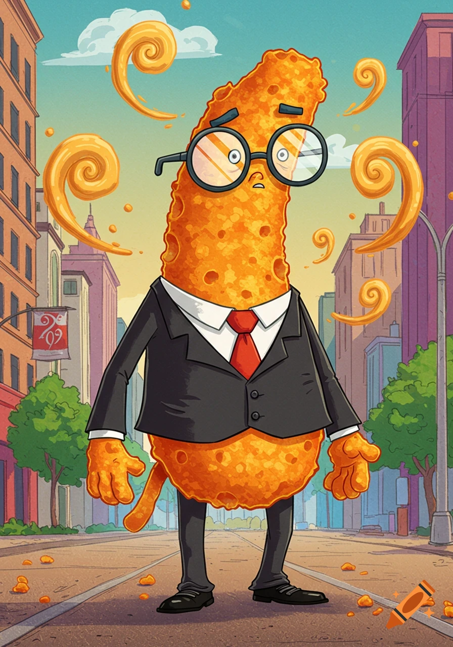 A cartoon Cheeto puff character wearing a suit and glasses stands on a city street with cheese dust swirling around.