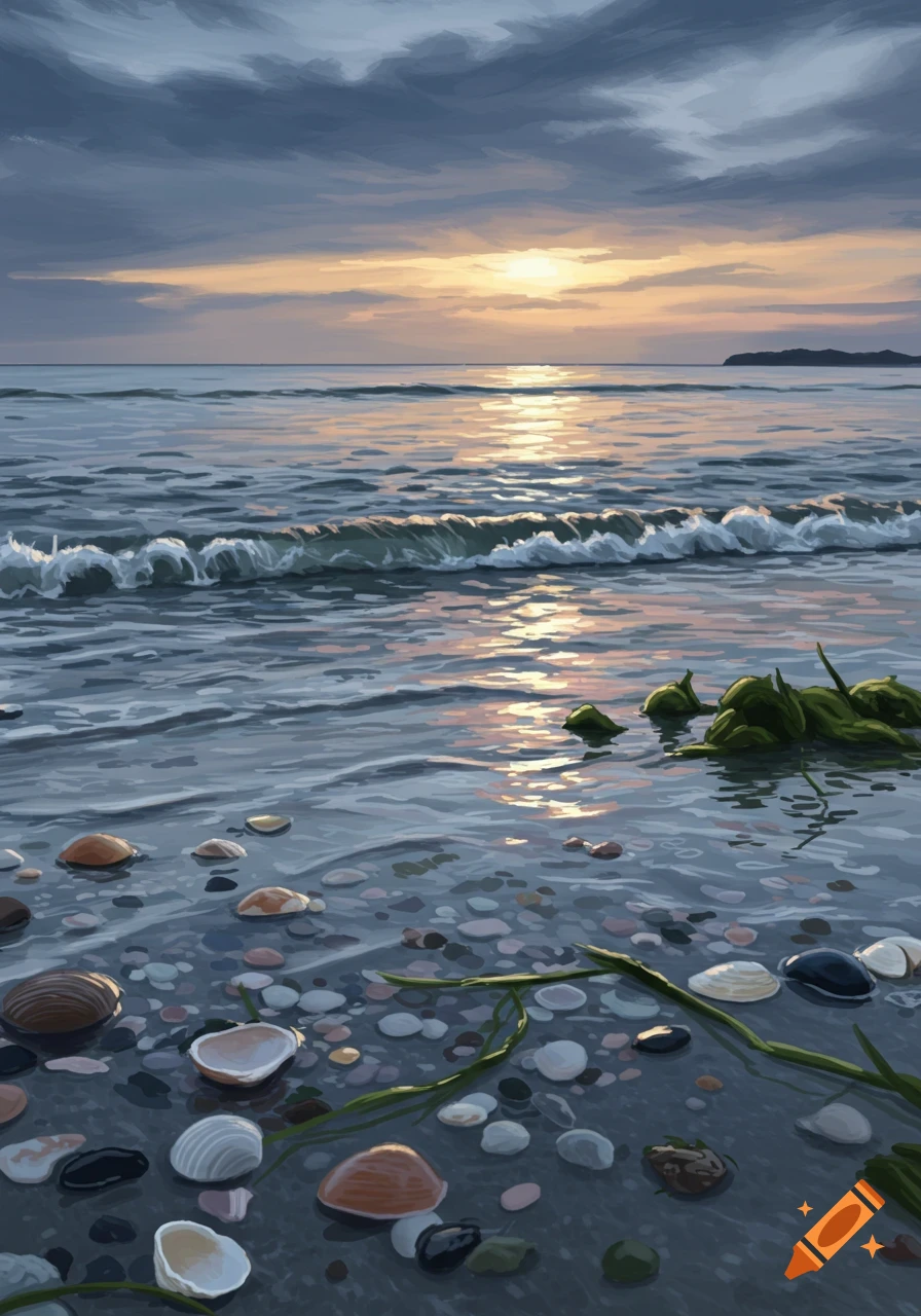 A painterly sunset over a beach with waves, reflective water, and scattered seashells and pebbles on the shore.