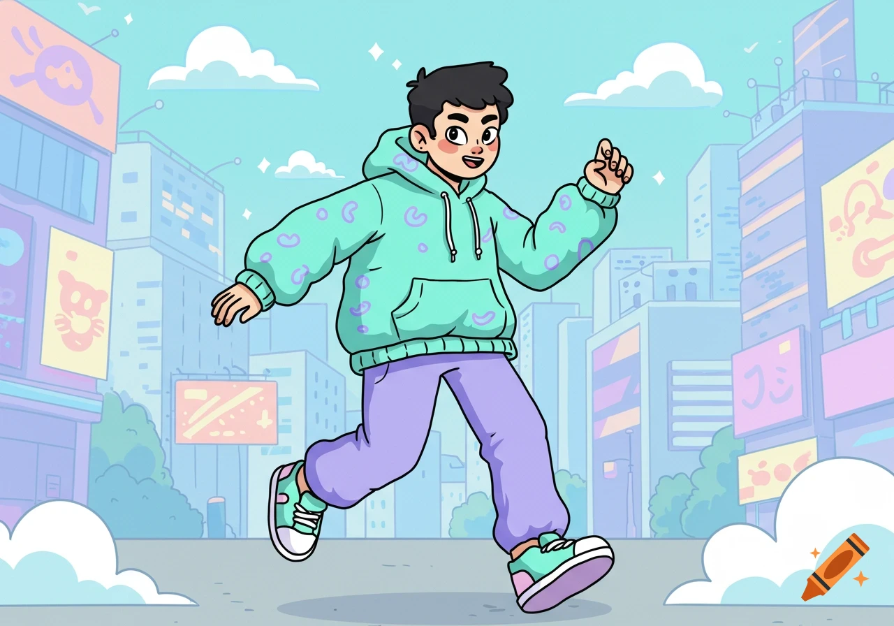 A cartoon of a young man in a mint green hoodie and purple pants running through a stylized city street with buildings.