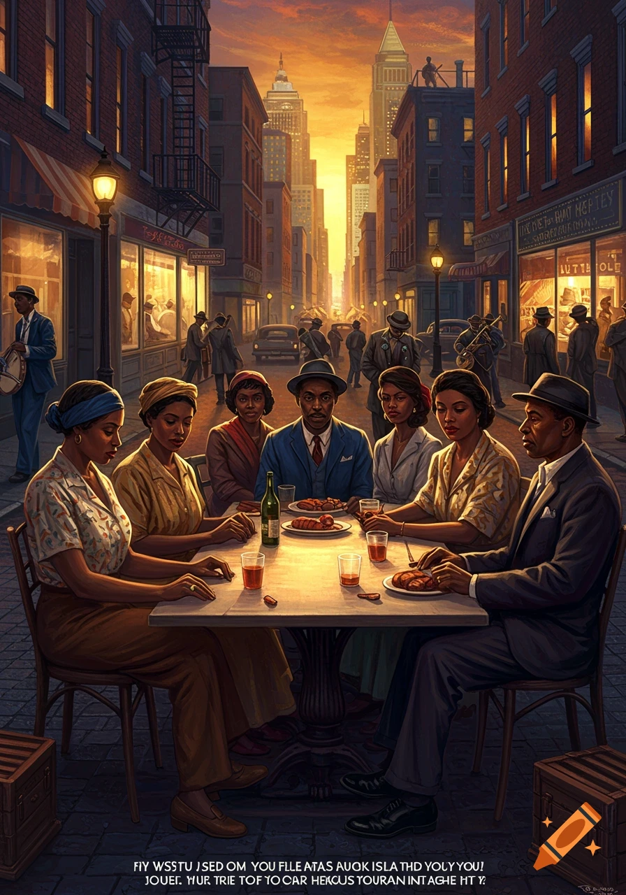 An outdoor dining scene in a 1920s-1940s city street at sunset. Six Black individuals sit around a table with food and drinks. People, cars, and buildings line the street in the background.