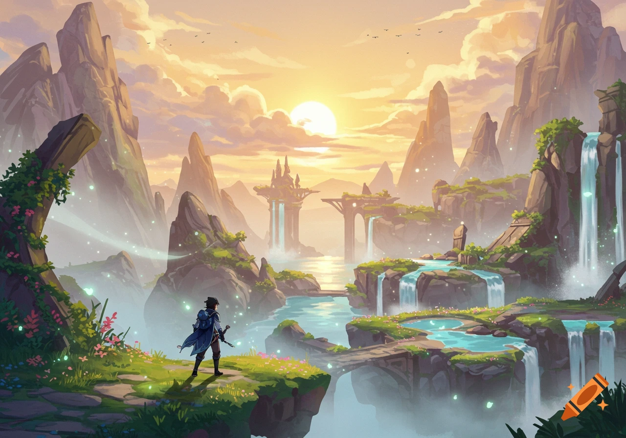 A lone adventurer stands on a cliff overlooking a vibrant fantasy landscape with waterfalls, mountains, and floating structures at sunset.
